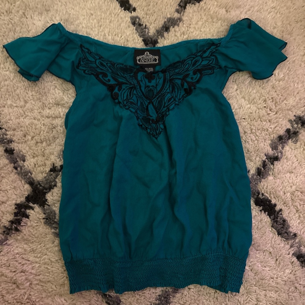 Angie Teal Blouse with Black Detailing